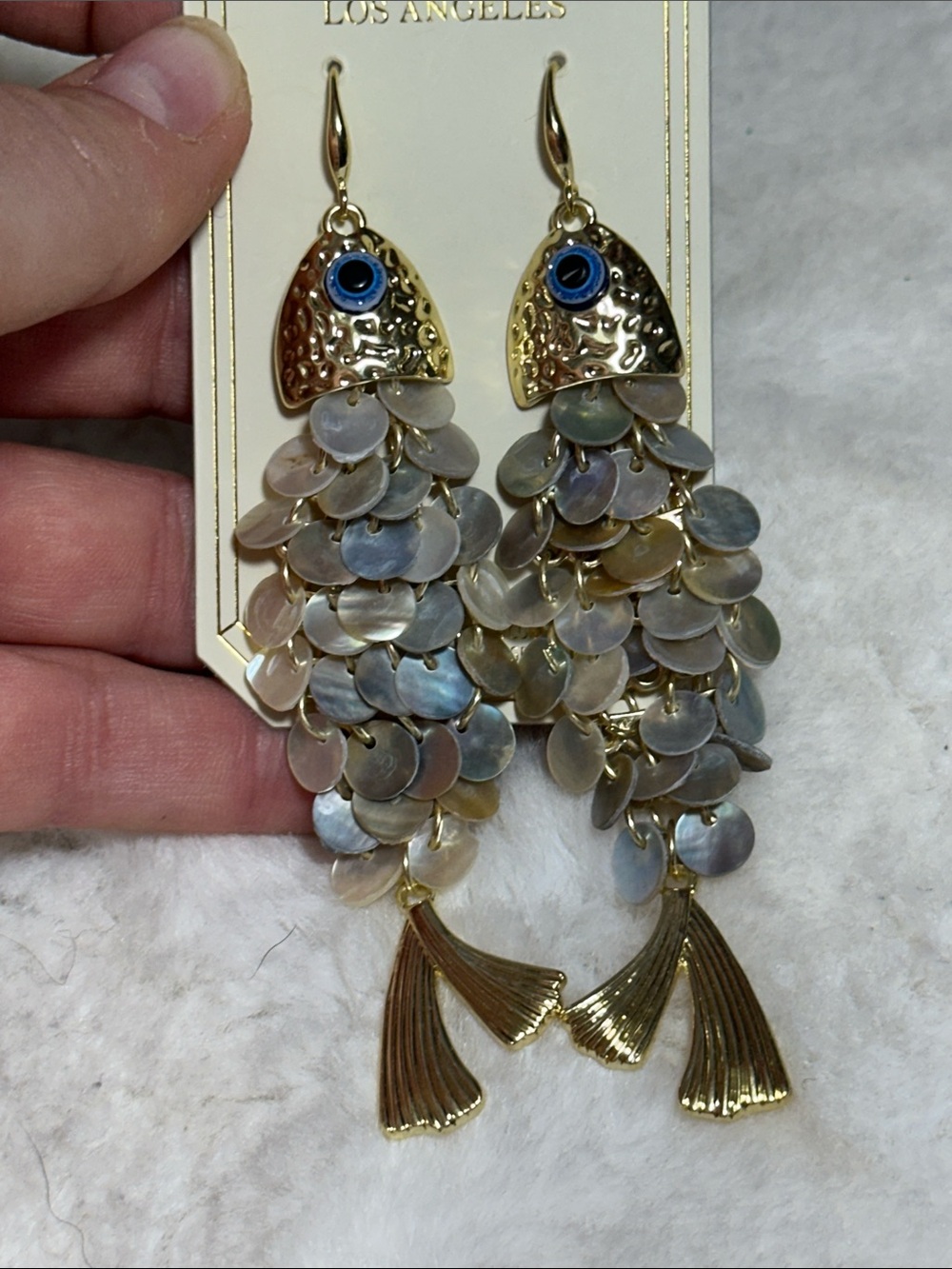 Eye candy Los Angeles oyster shell gold fish dangle earrings